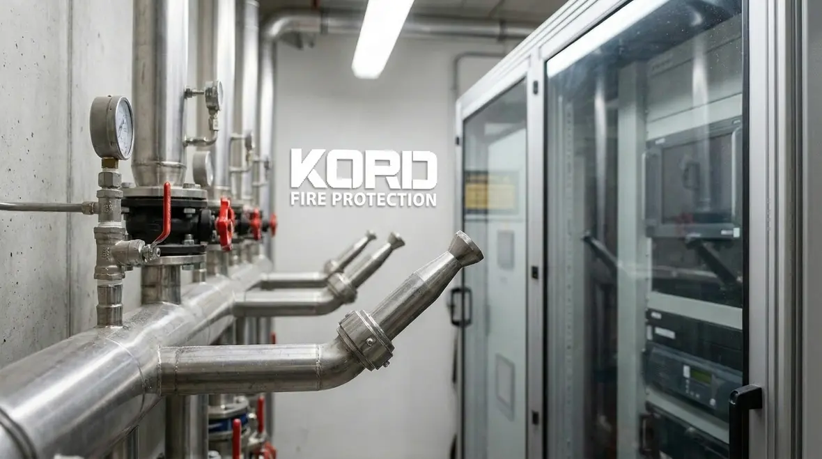 CO2 fire suppression cylinders and discharge components in an industrial fire protection setup