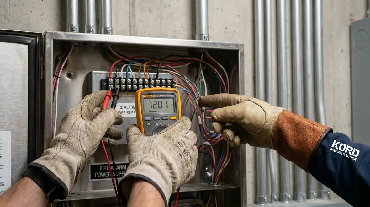 Technician testing commercial fire alarm power supply voltage and standby behavior