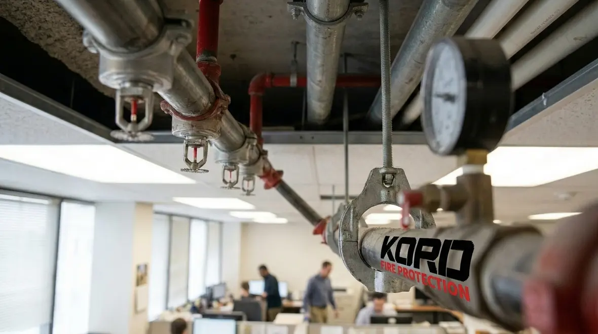 Commercial fire sprinkler piping installed across a ceiling for long term system reliability