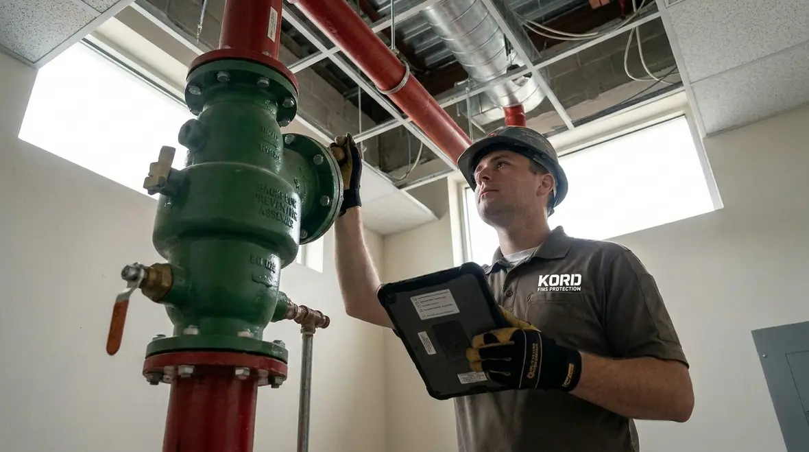 Technician reviewing commercial fire sprinkler installation details and pipe layout