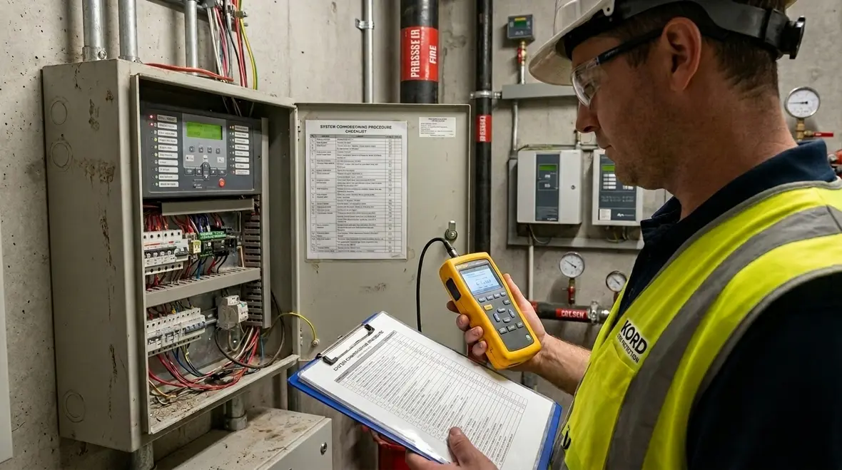 Kord Fire Protection technician reviewing DMP suppression monitoring configuration
