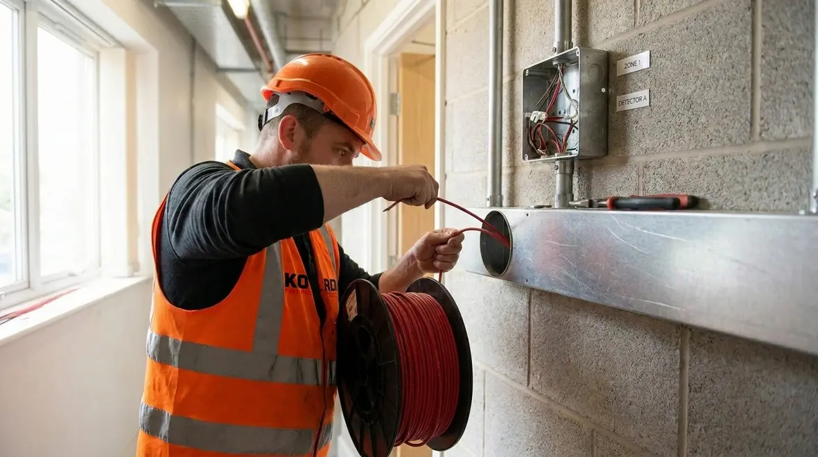 Technician routing electrical wiring for fire systems through conduit in a commercial building