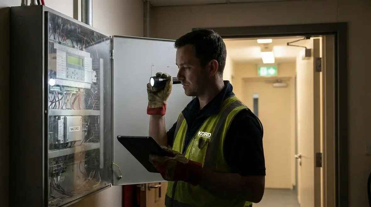 Technician coordinating emergency lighting outputs with fire alarm controls