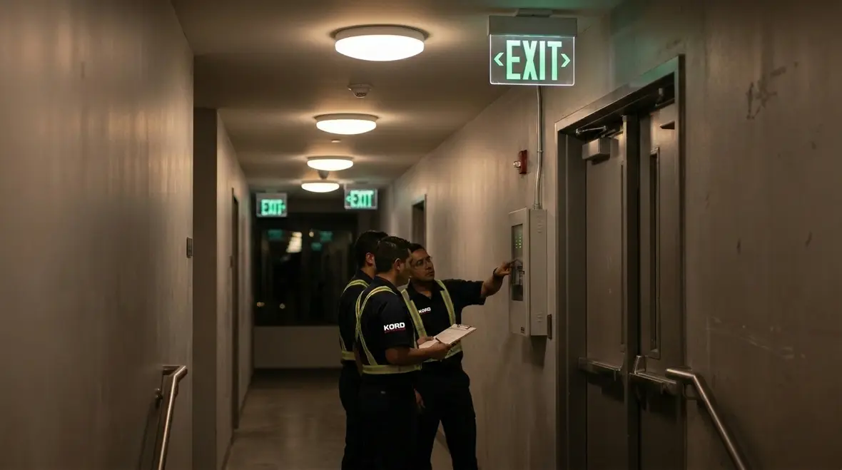 Emergency lighting and fire safety controls in a hallway