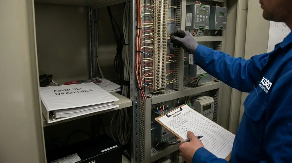 Technician studying fire alarm plans and documentation in the field