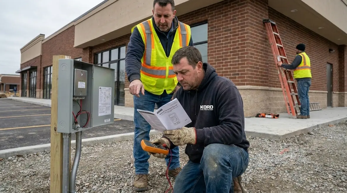 Fire alarm technician testing wiring and devices on site