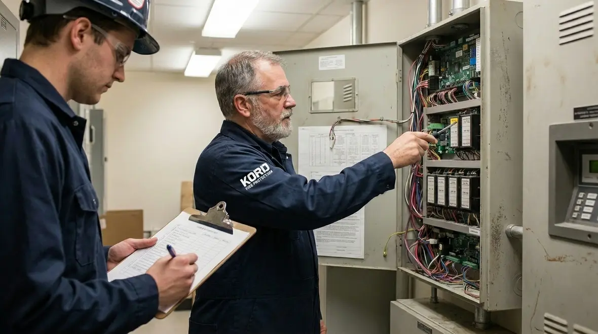 Entry level fire alarm technician reviewing a control panel and field devices