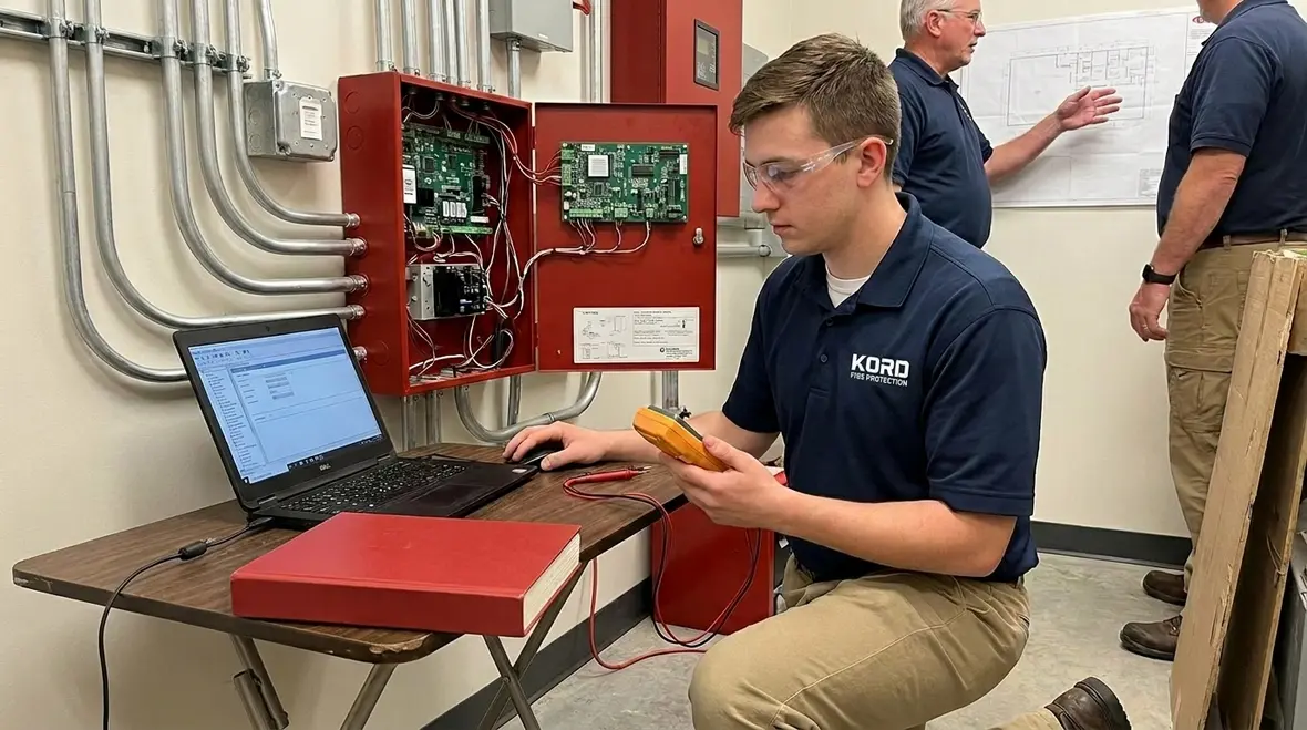 Entry level fire alarm technician working on a fire alarm panel
