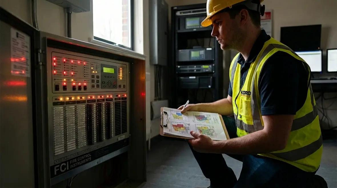 FCI fire alarm system devices and panel setup in a commercial building