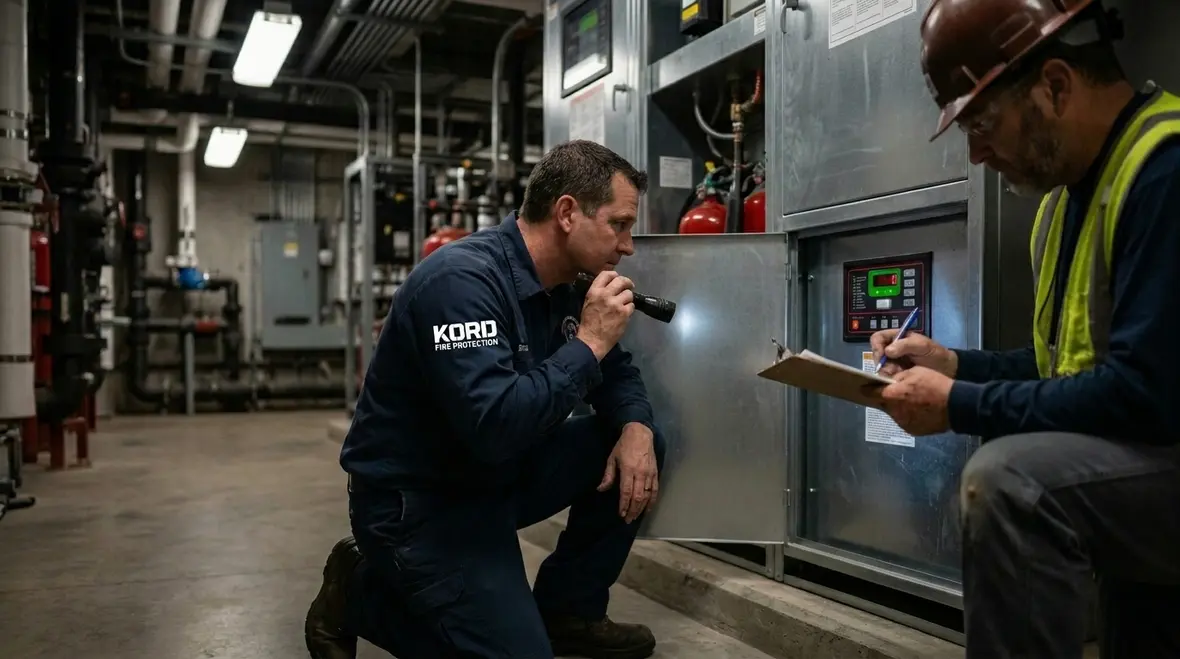 Technician reviewing FE-25 fire suppression controls and room conditions