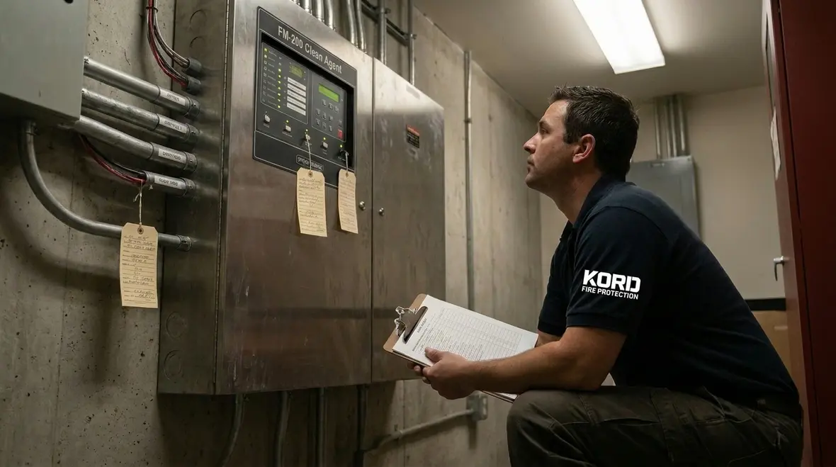 FM-200 fire suppression cylinders installed in a protected room