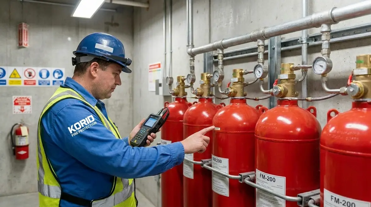 FM-200 fire suppression piping and cylinders in equipment room