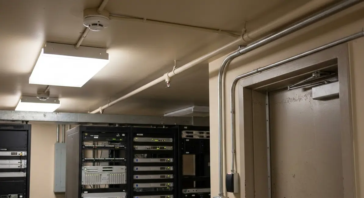 FM-200 nozzle and detection components in a commercial facility