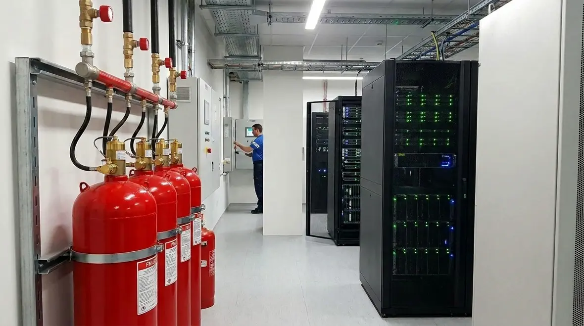 FM-200 fire suppression cylinders protecting a commercial building
