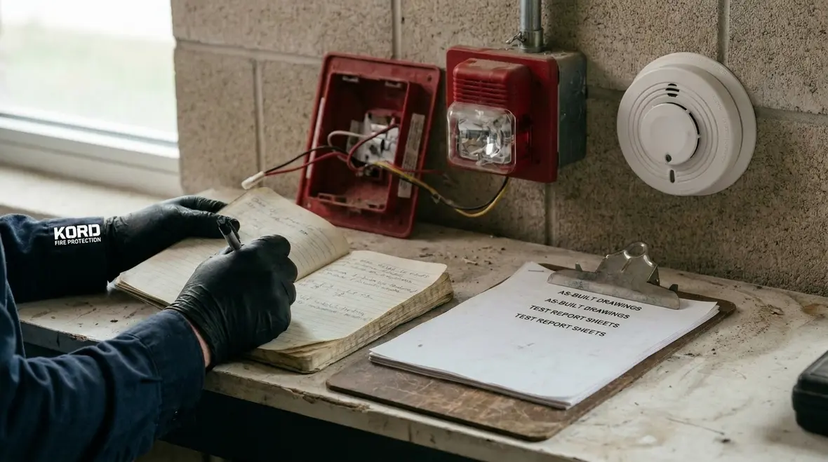 Level 4 fire alarm professional on jobsite overseeing commissioning and acceptance testing