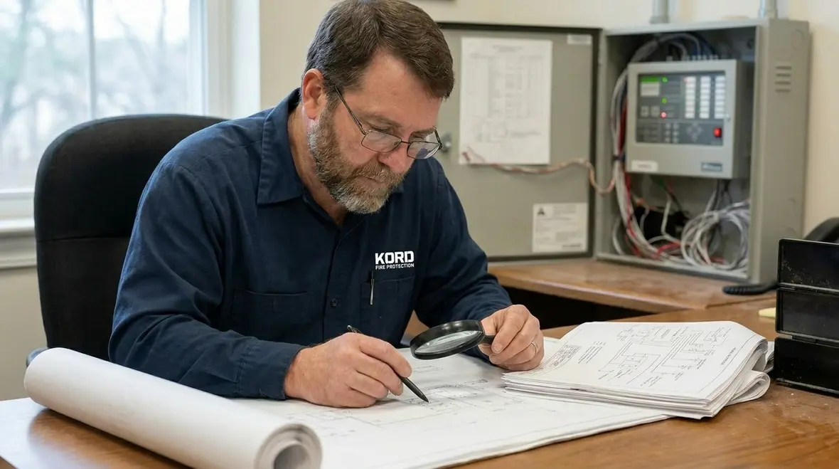NICET Level 4 fire alarm certification technician reviewing fire alarm panel and drawings