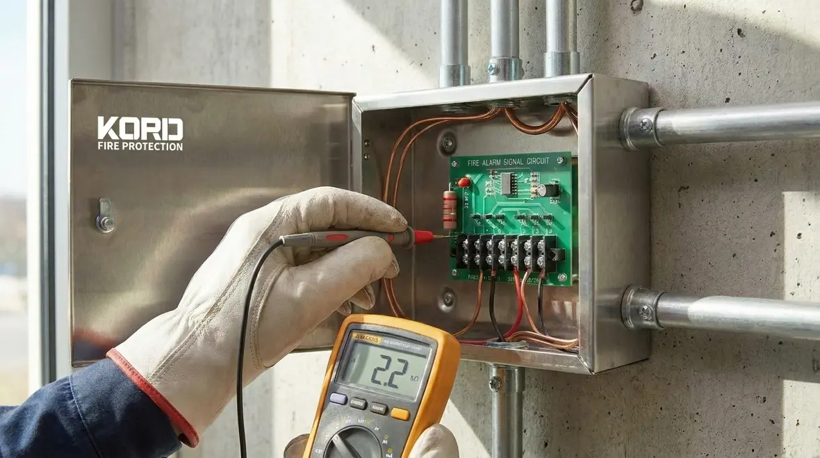 Commercial fire alarm technician checking supervised signal circuit components
