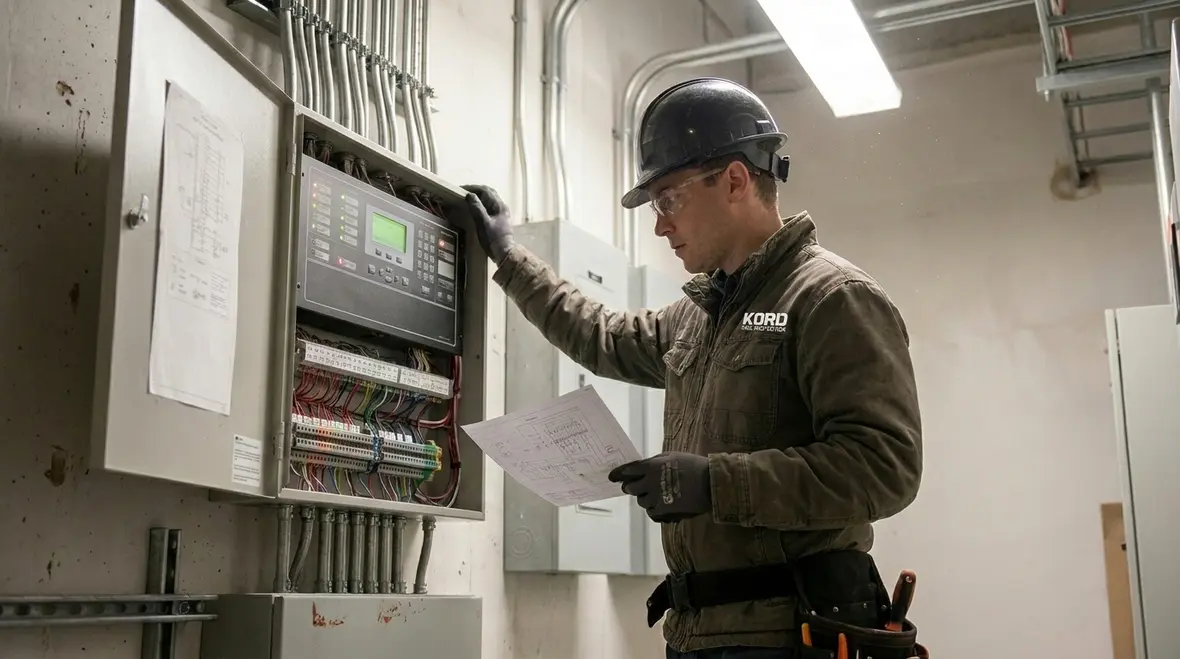 Technician troubleshooting fire alarm signal circuit wiring in a commercial panel