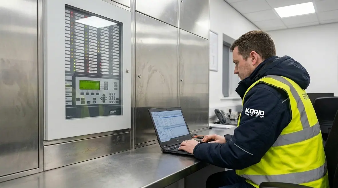 Technician performing advanced fire alarm detector sensitivity diagnostics
