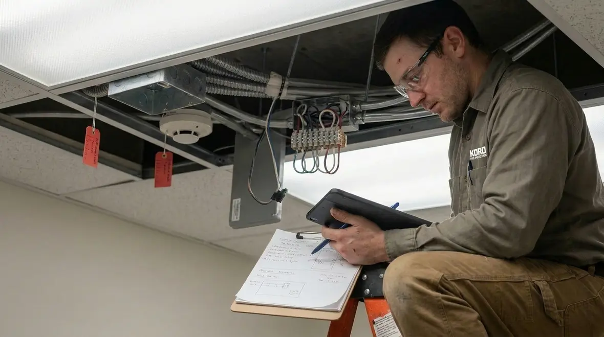 Fire alarm technician reviewing detector response data and loop stability