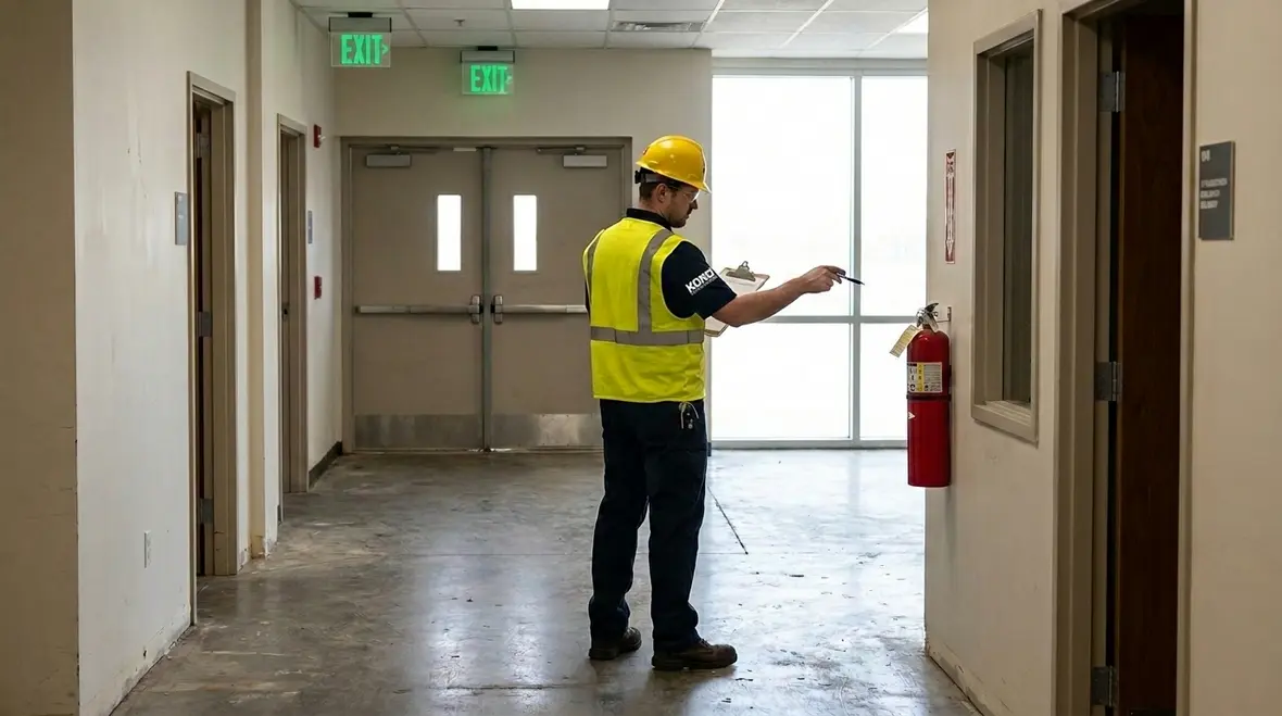 Commercial fire extinguisher placement along corridor wall for compliance planning
