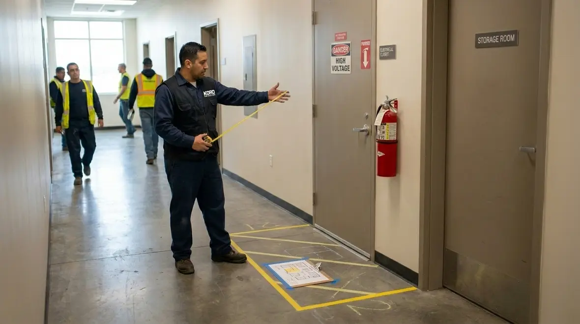 Technician planning extinguisher coverage based on commercial hazard zones