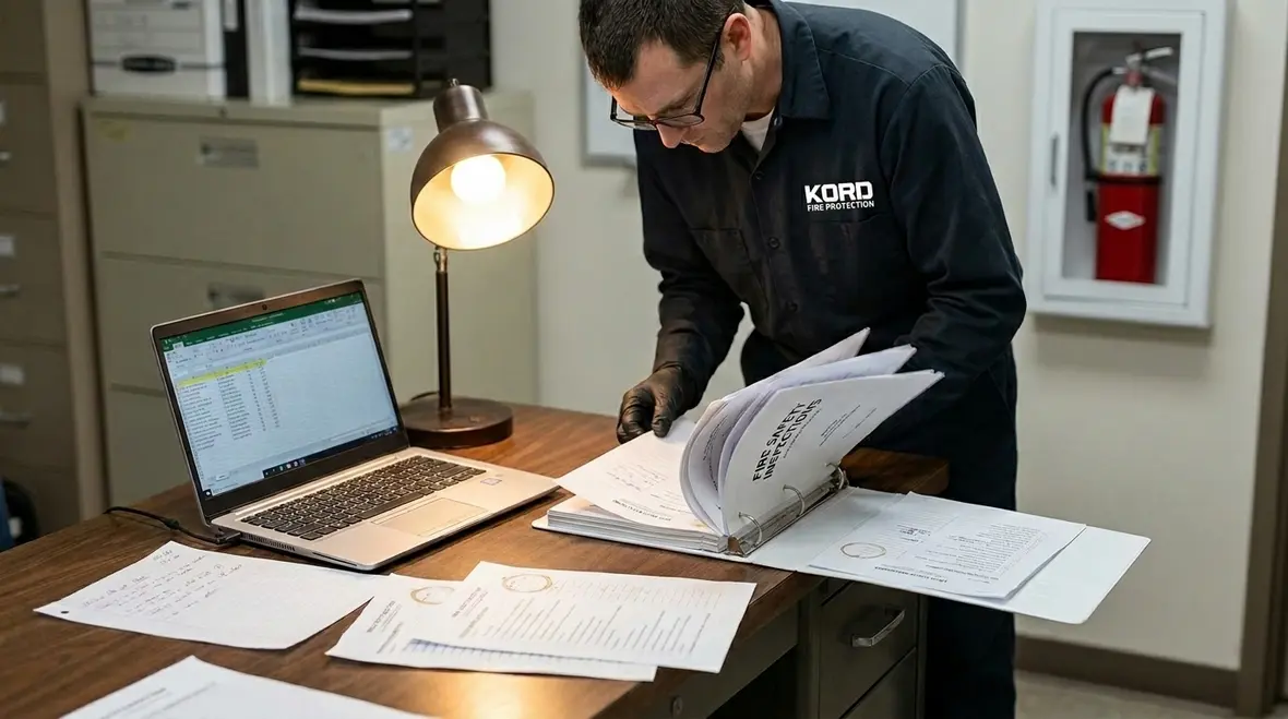 Technician reviewing fire protection compliance auditing records in a commercial building