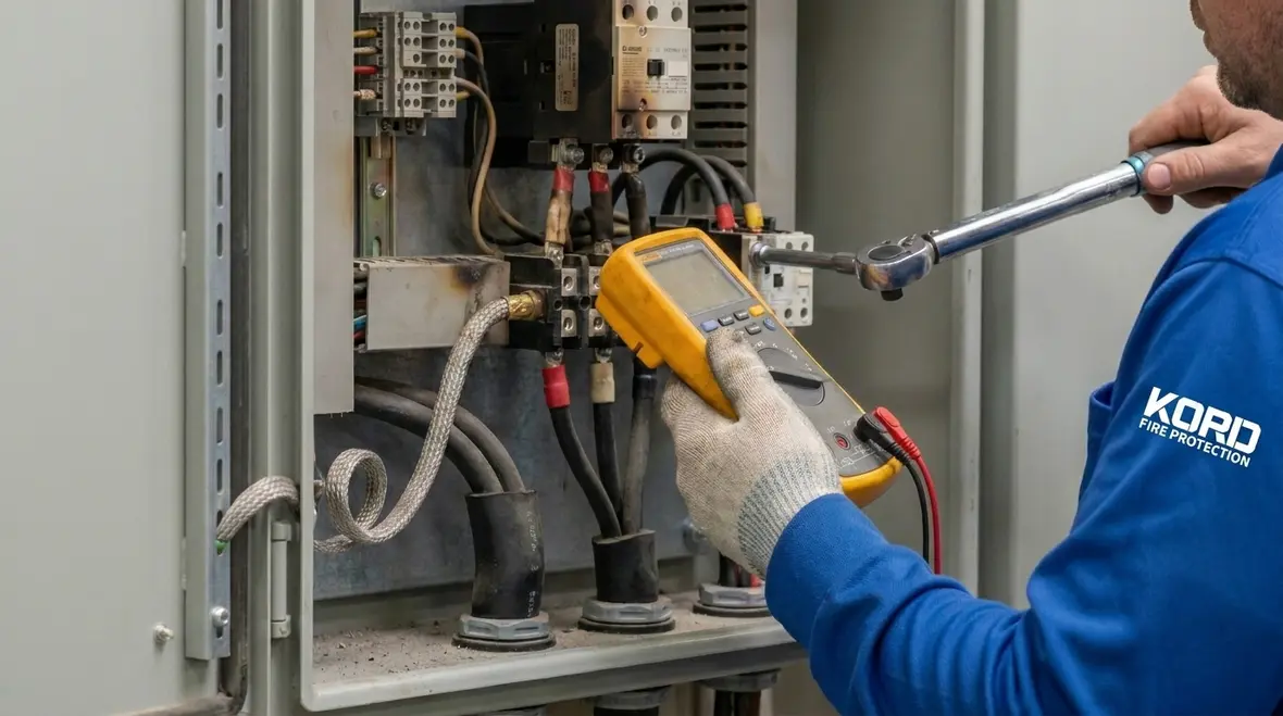Technician performing shift inspection on an industrial fire pump motor