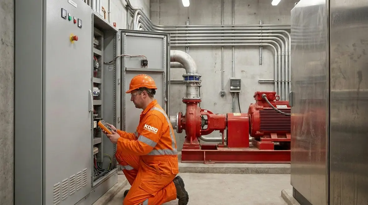 Industrial fire pump motor maintenance inspection in progress