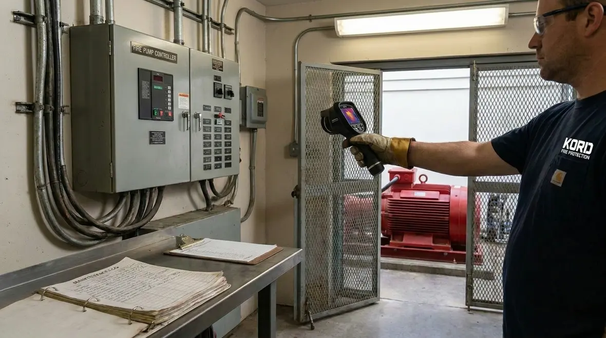 Technician inspecting fire pump controller, transfer equipment, and electrical terminations