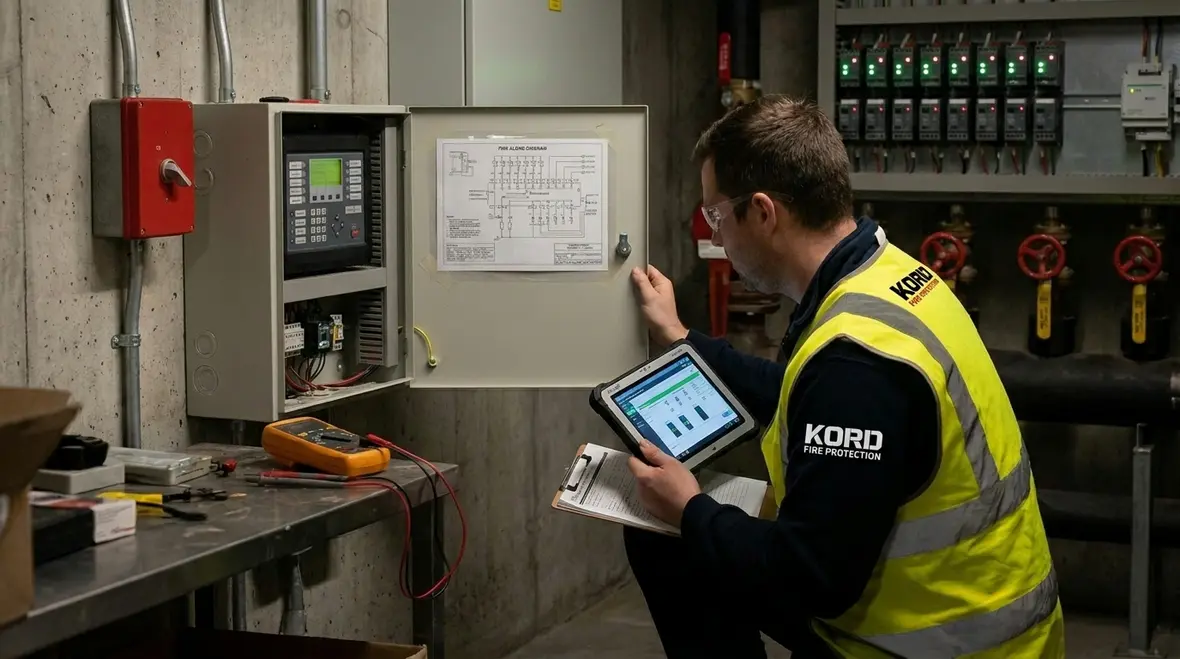Technician testing fire sprinkler electrical interlock sequence
