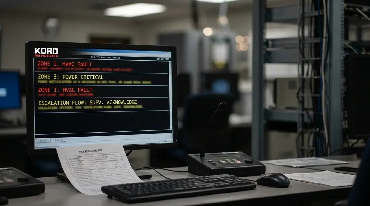 Operator dashboard showing fire suppression zone alarms and notifications