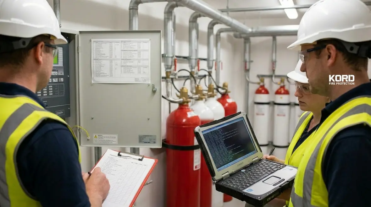 Engineers designing a Halon replacement clean agent system retrofit for a critical facility