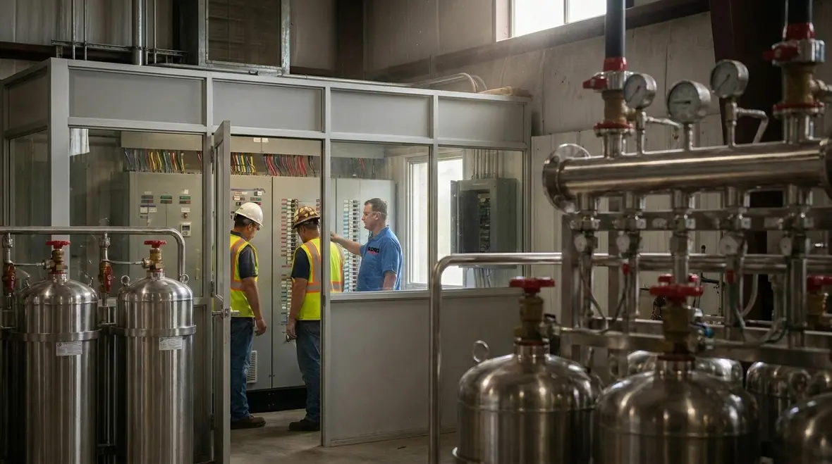Halon replacement clean agent fire suppression cylinders and piping in a protected equipment room