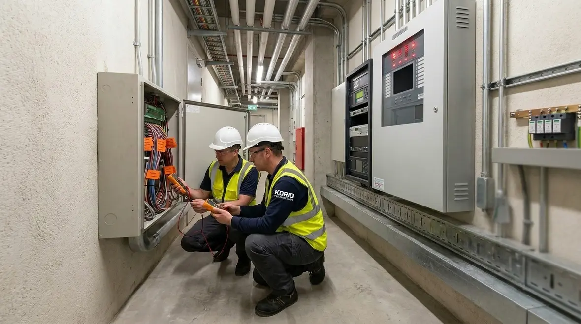 Technician testing releasing circuits and control wiring for suppression equipment