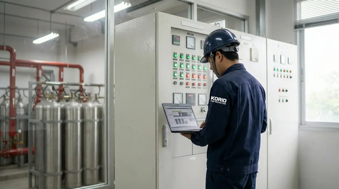 Inergen fire suppression cylinders and control hardware in a protected room