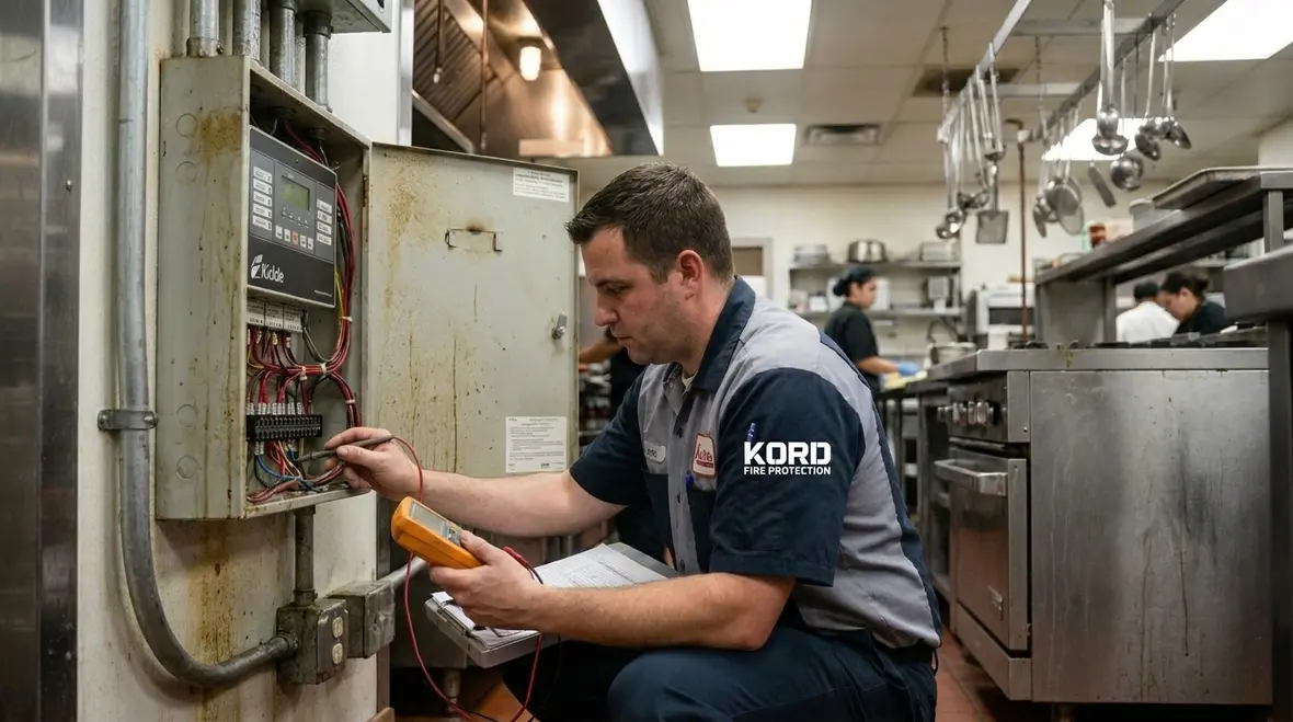 Technician inspecting Kidde kitchen fire suppression system in a commercial kitchen