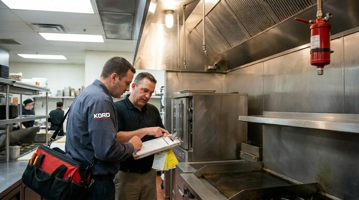 Commercial kitchen fire suppression maintenance service under a restaurant hood