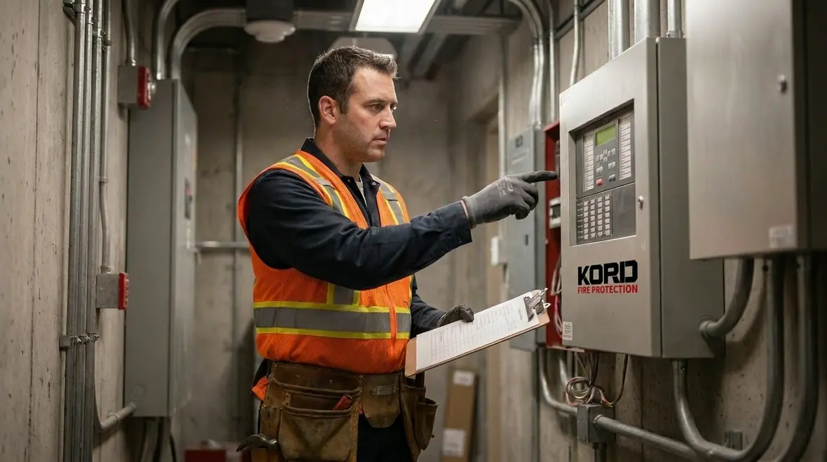 NICET Level 2 fire alarm technician reviewing plans and panel layout