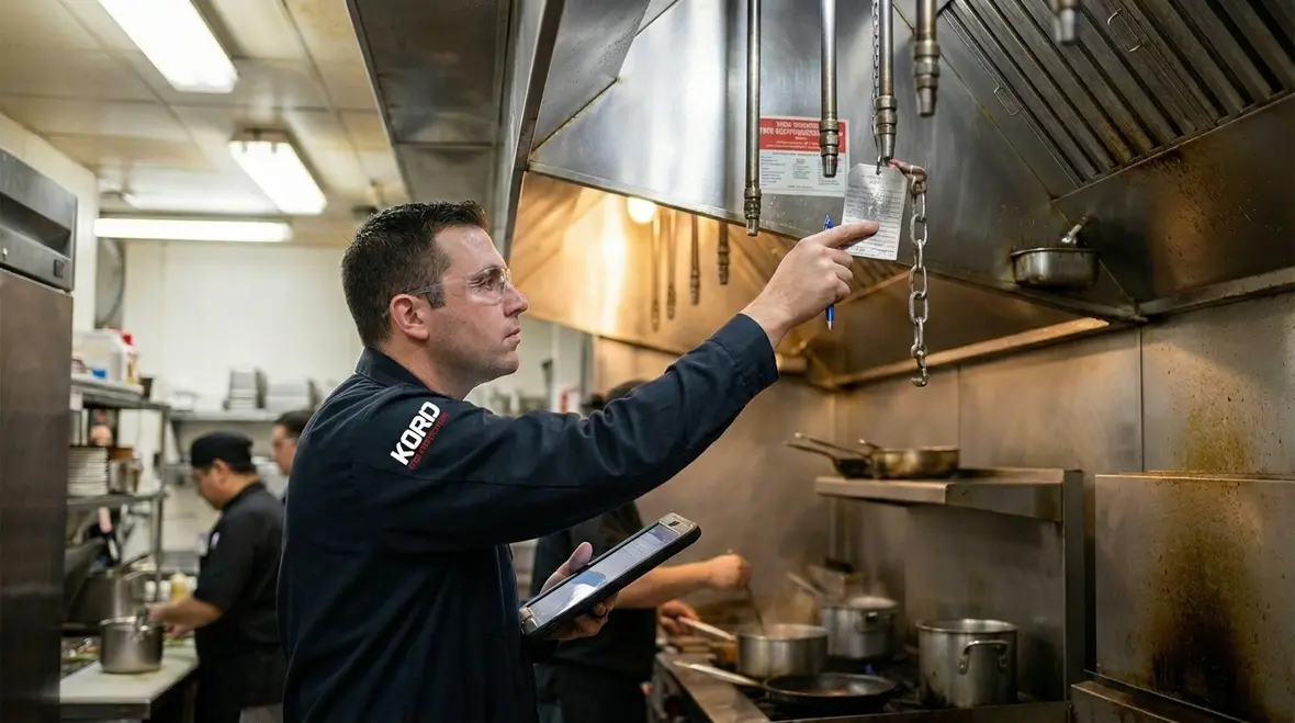 Grease laden ductwork and hood protection in a commercial kitchen exhaust system