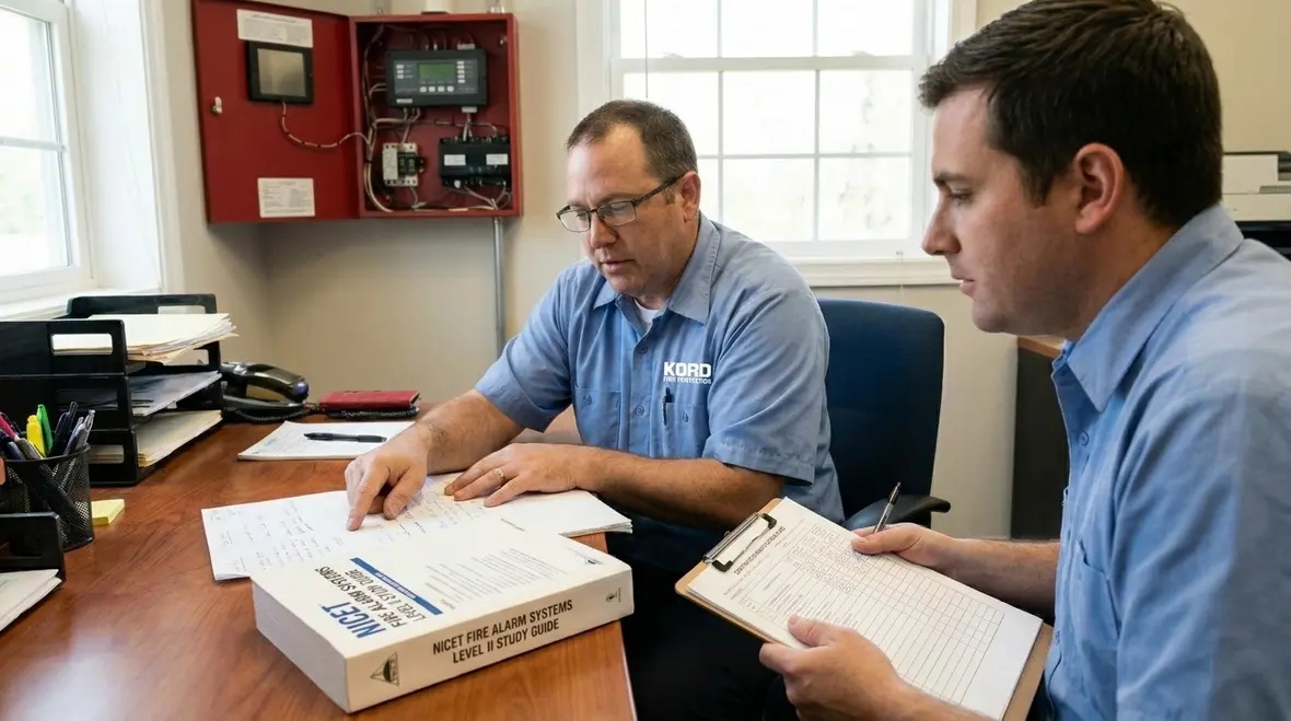 Technician studying fire alarm circuits and exam notes