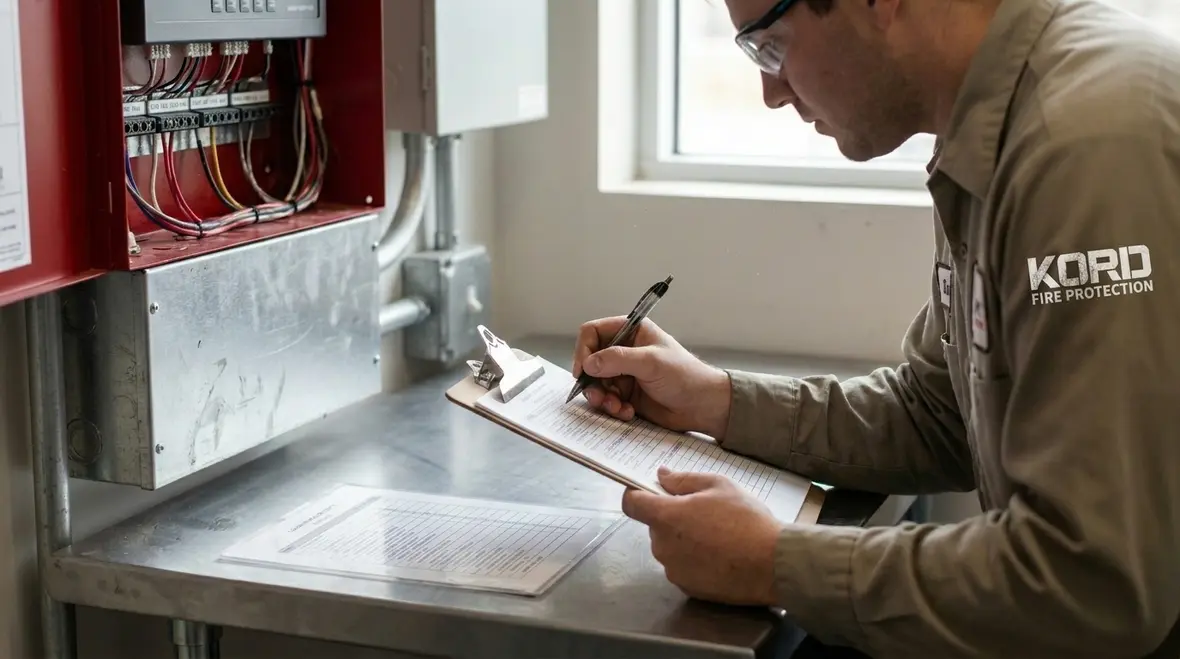 Technician reviewing NICET fire alarm certification steps on a jobsite
