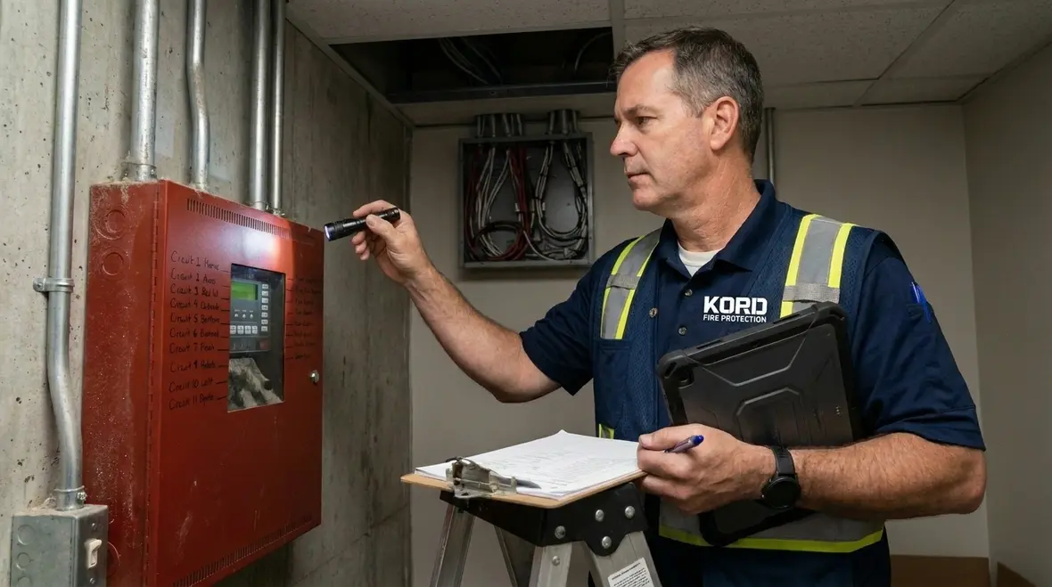 Technician preparing for NICET Level 3 fire alarm systems in the field