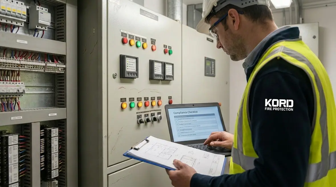 NICET Level 4 technician reviewing a large fire alarm project layout