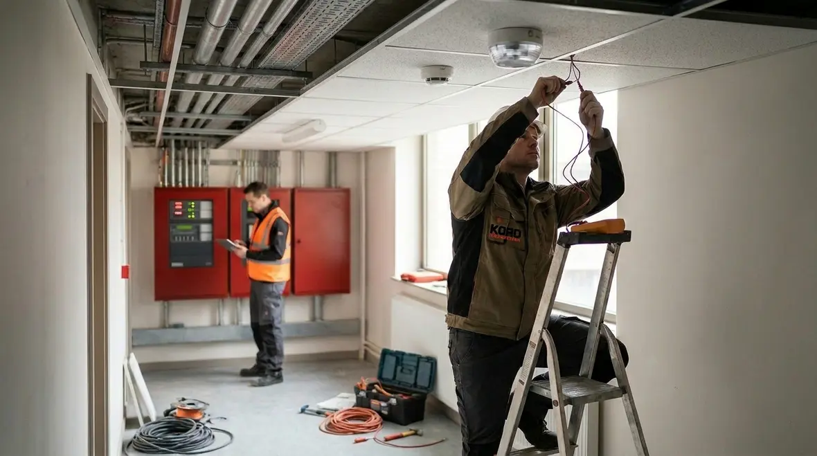 Complex commercial fire alarm layout with multiple devices and coordination points