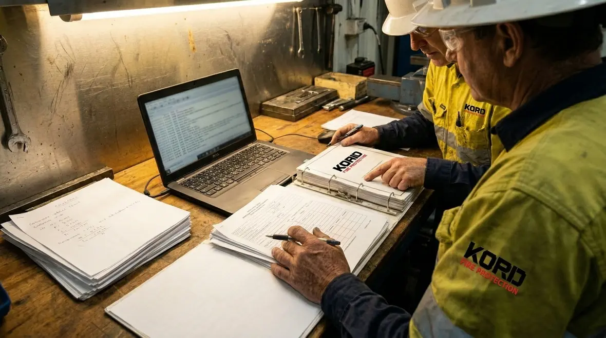 Fire protection documentation package with plans, notes, and compliance records
