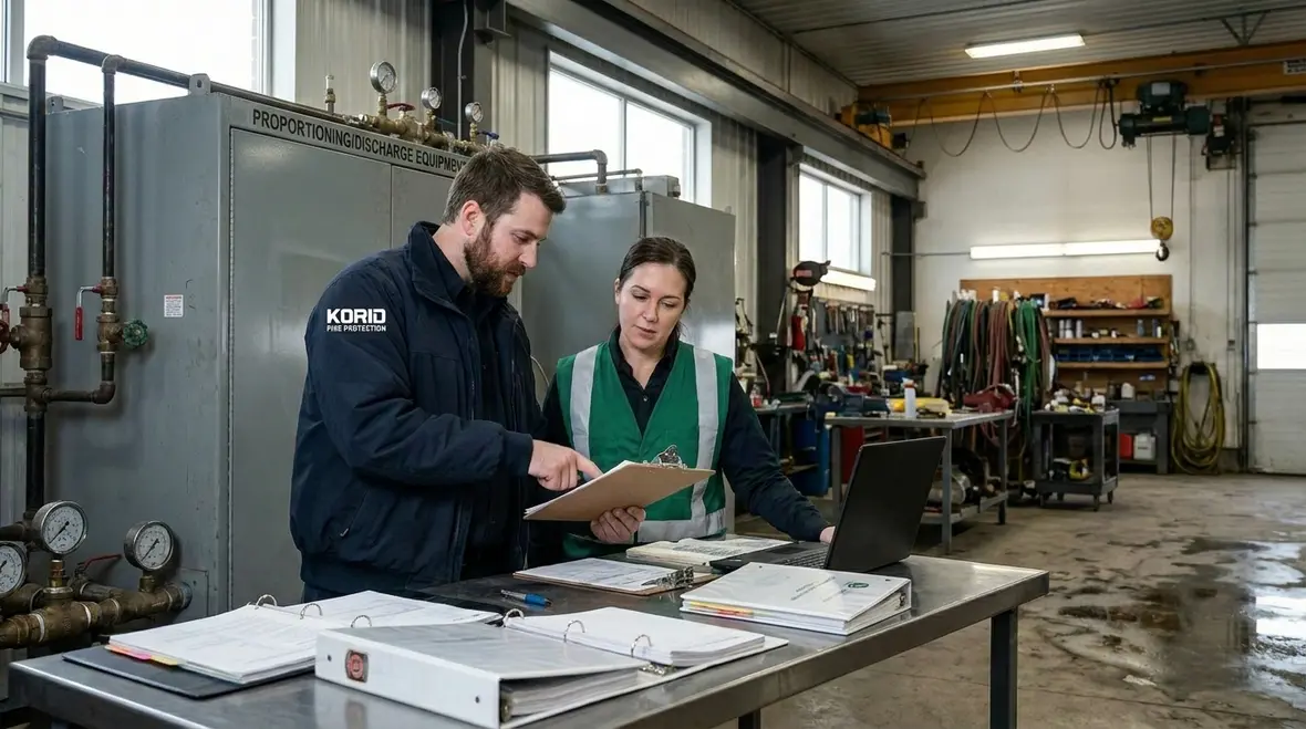 Technician checking foam storage and discharge equipment