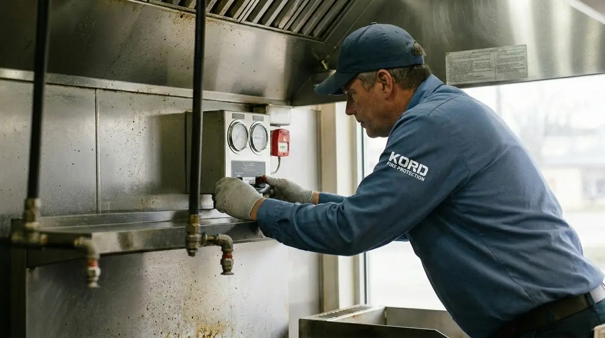 Wet chemical kitchen fire suppression system discharge points above restaurant equipment