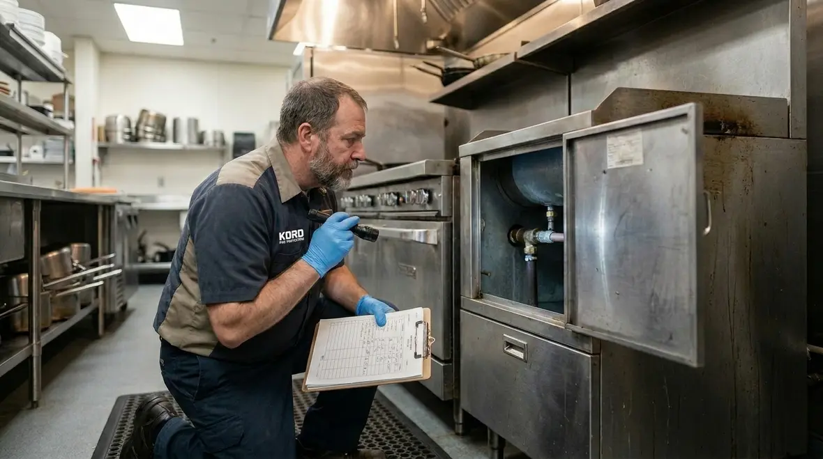 Technician inspecting a commercial kitchen suppression system for maintenance and compliance