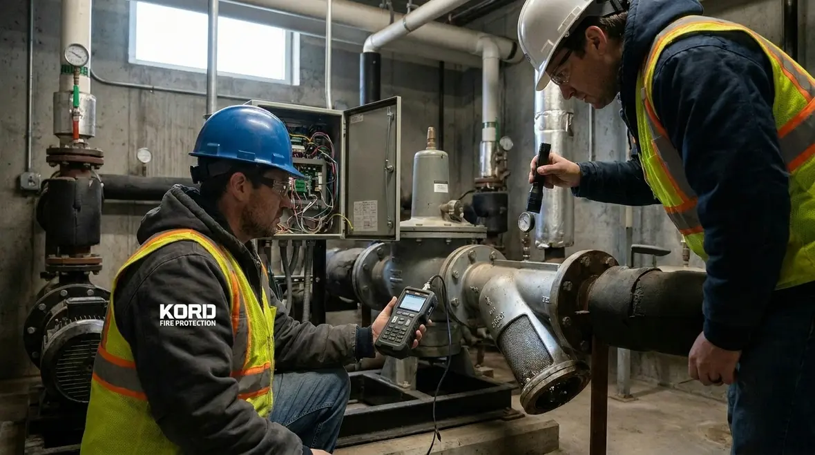 Technician testing standpipe pressure monitoring and maintenance points